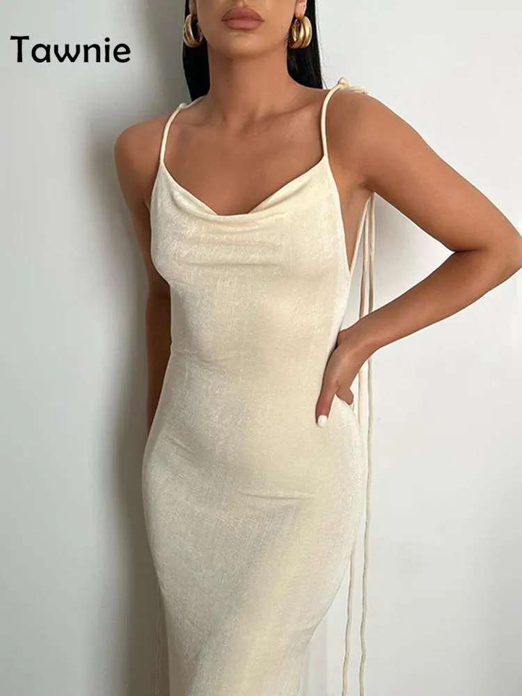 Uveng Sexy Spaghetti Strap Backless Maxi Dress Women Slim Drawstrings Sleeveless Beach Dresses Outfits 2022 Summer Y2K Robe