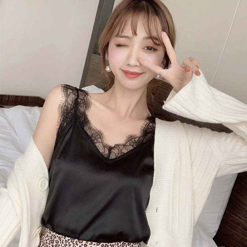 Women's Satin Summer Tops For Women 2023 V Neck Basic Sleeveless Lace Tank Tops Women Summer Female Silk Top Plus Size White