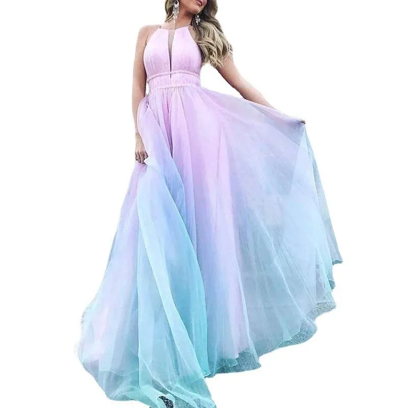 Summer Mesh Long Mesh Dress Women High Waist Sling Backless Bodyocn Party Dress Evening Dresses