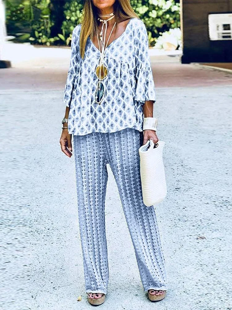 Spring Printed Women Matching Sets Two Pieces Short Sleeve V-Neck Blouse Bohemian Elastic Pants 2022 Tracksuit Outfit