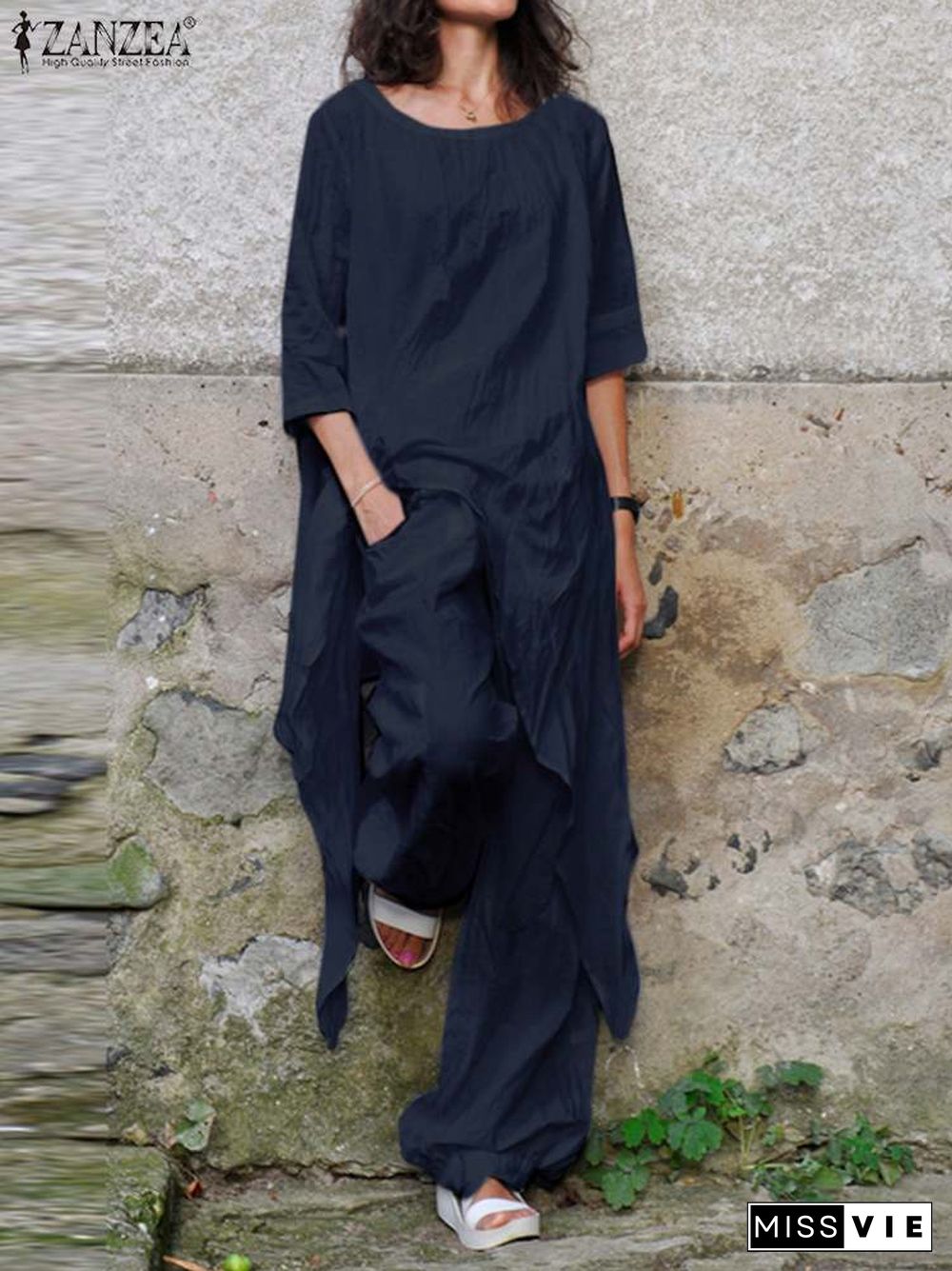 Two Piece Sets Women Tracksuit Zanzea Fashion Summer Matching Sets 2Pcs Casual 3/4 Sleeve Irregular Blouse Suits Urban Outifits7