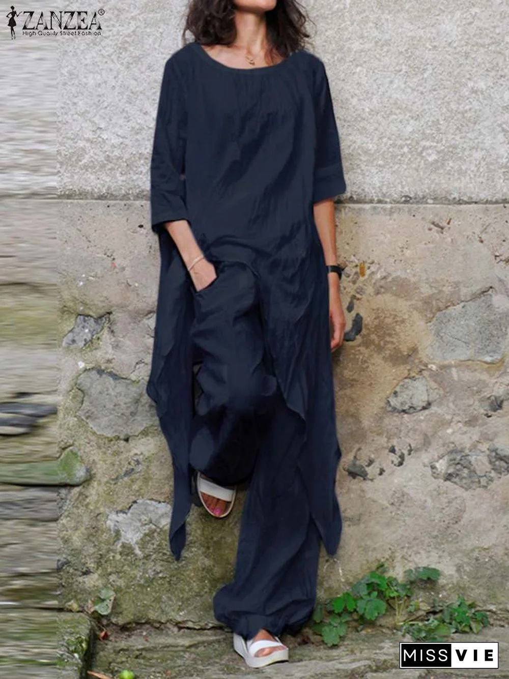 Two Piece Sets Women Tracksuit Zanzea Fashion Summer Matching Sets 2Pcs Casual 3/4 Sleeve Irregular Blouse Suits Urban Outifits7