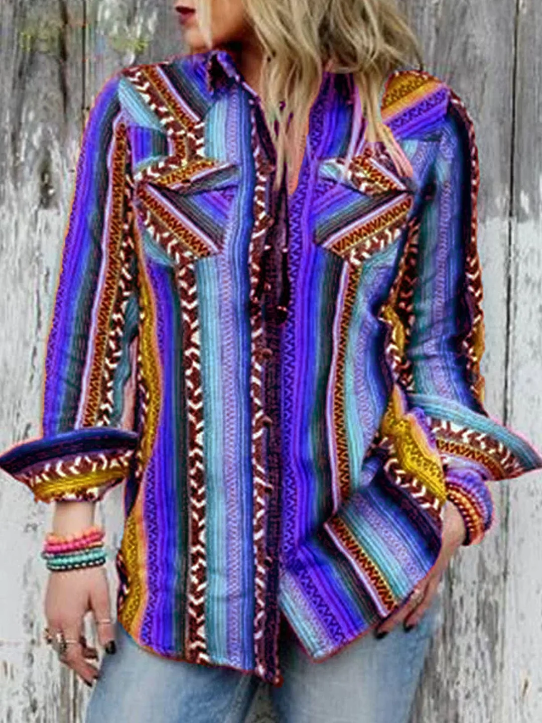 Multicolor Boho Shirt Collar Color-Block Striped Blouse