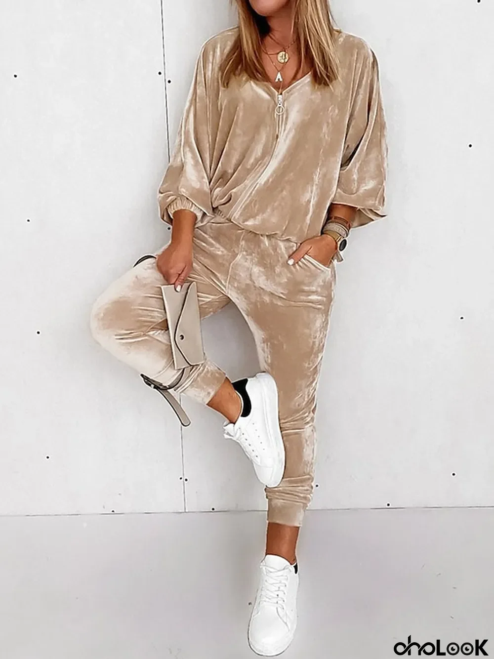Women's Velvet Lounge Sets Sweatsuit Pure Color Sport Casual Comfort Home Street Daily Polyester Breathable V Wire Long Sleeve Pant Pocket Fall Winter Black Khaki