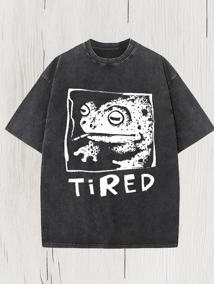 Men's Tired Frog Print Cotton Washed T-Shirt