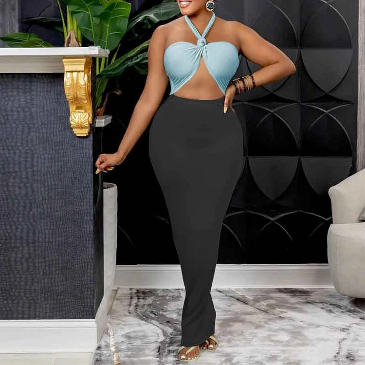 Colorblock Sleeveless Halter Cut Out Maxi Dress - IRBOOM Fashion Clothing