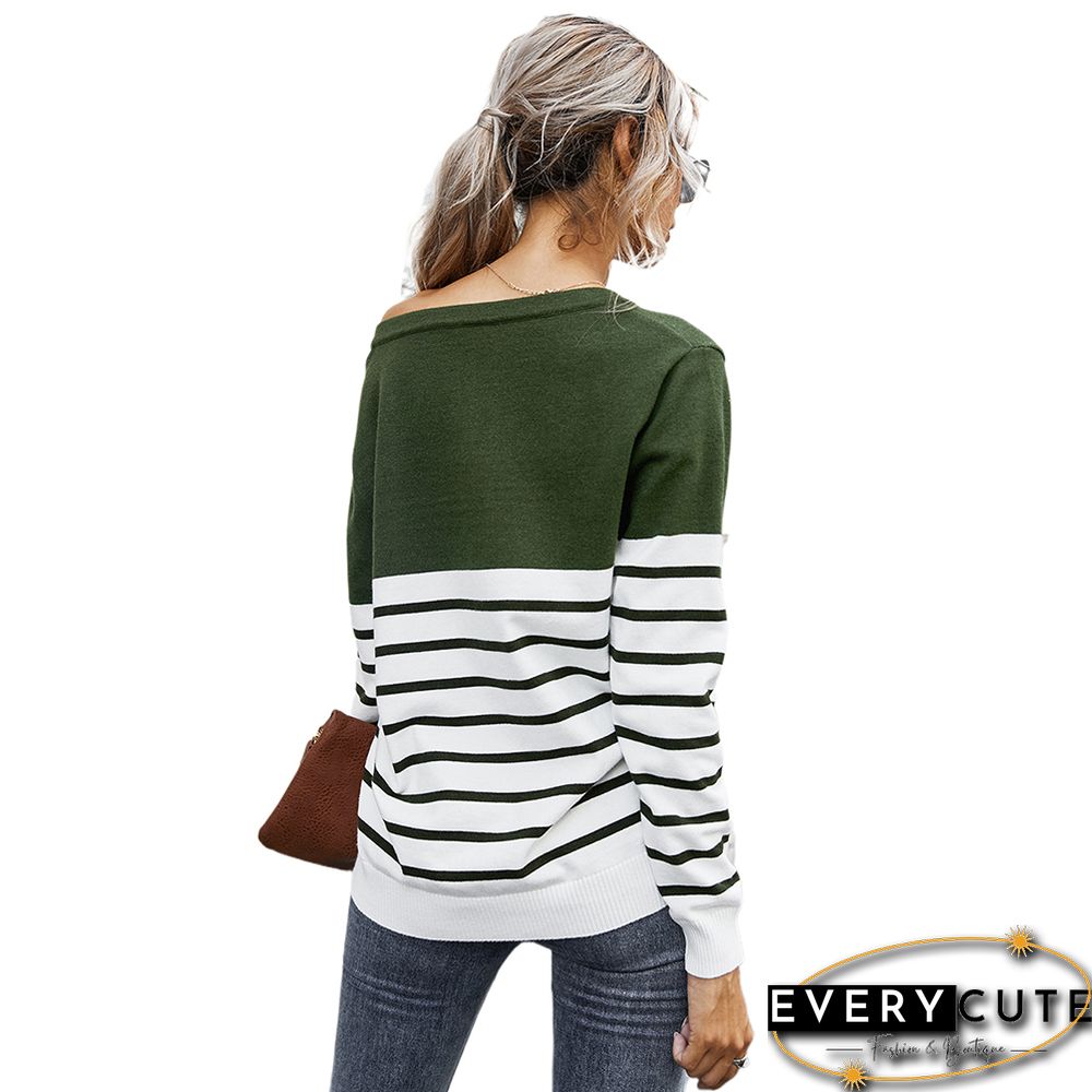 Army Green Splice Stripe Print V Neck Sweater