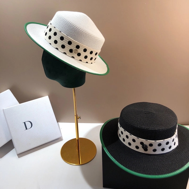 Women’s Pastoral Minimalist Polka Dots Straps Big Eaves Straw Hat