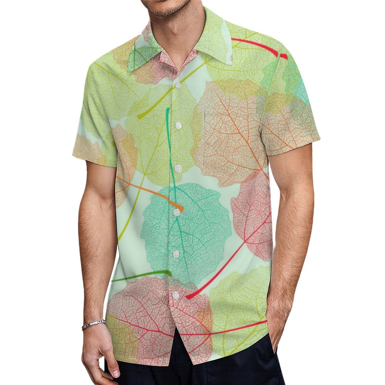 Pastel Dry Leaves Skeleton Overlay Pattern Hawaiian Shirt Mens Button Down Tropical Hawaii Beach Shirts