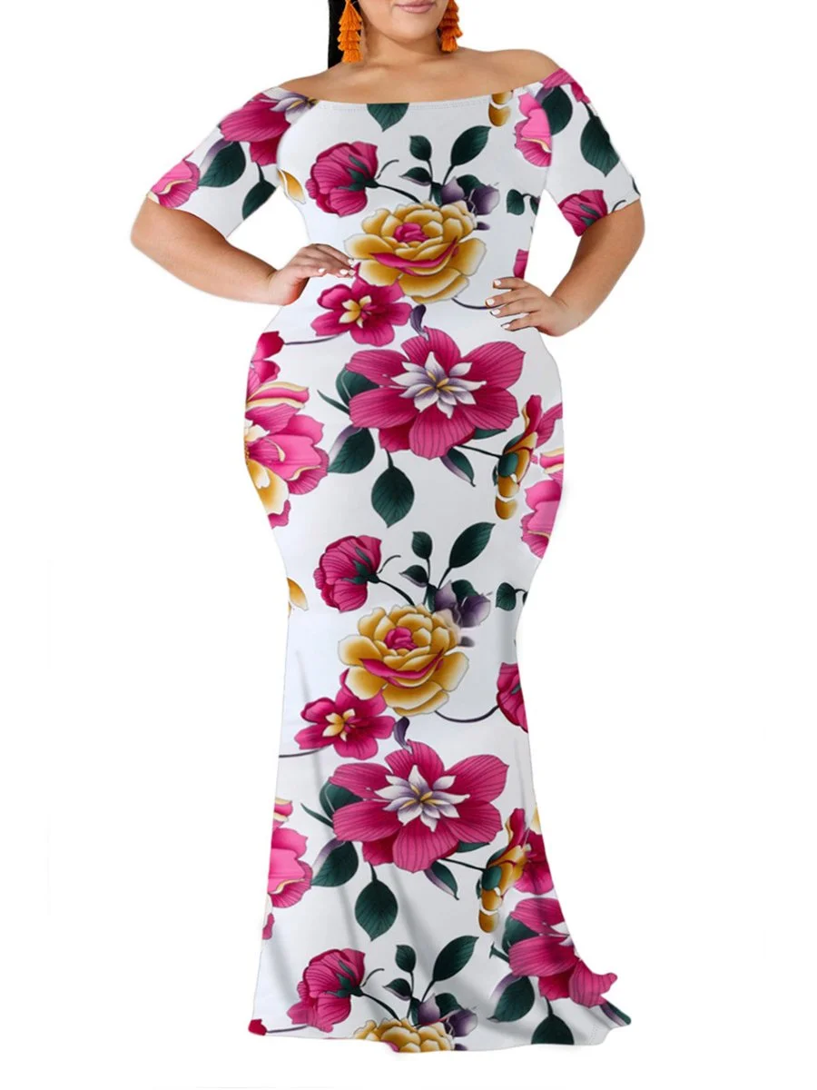 Plus Size Dress Off Shoulder Floral Mermaid Maxi Long Dress