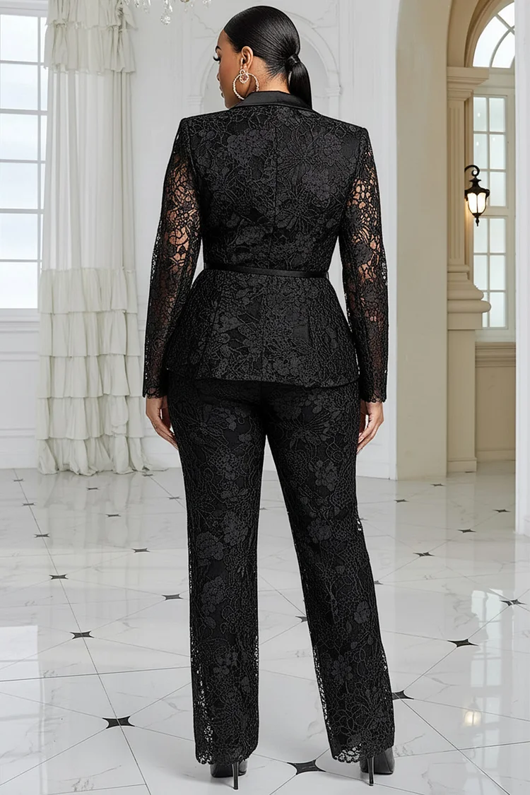 Xpluswear Design Plus Size Formal Black Lapel Collar Long Sleeve See Through Elegant Contrast Lace Two Piece Pant Suits [Pre-Order]