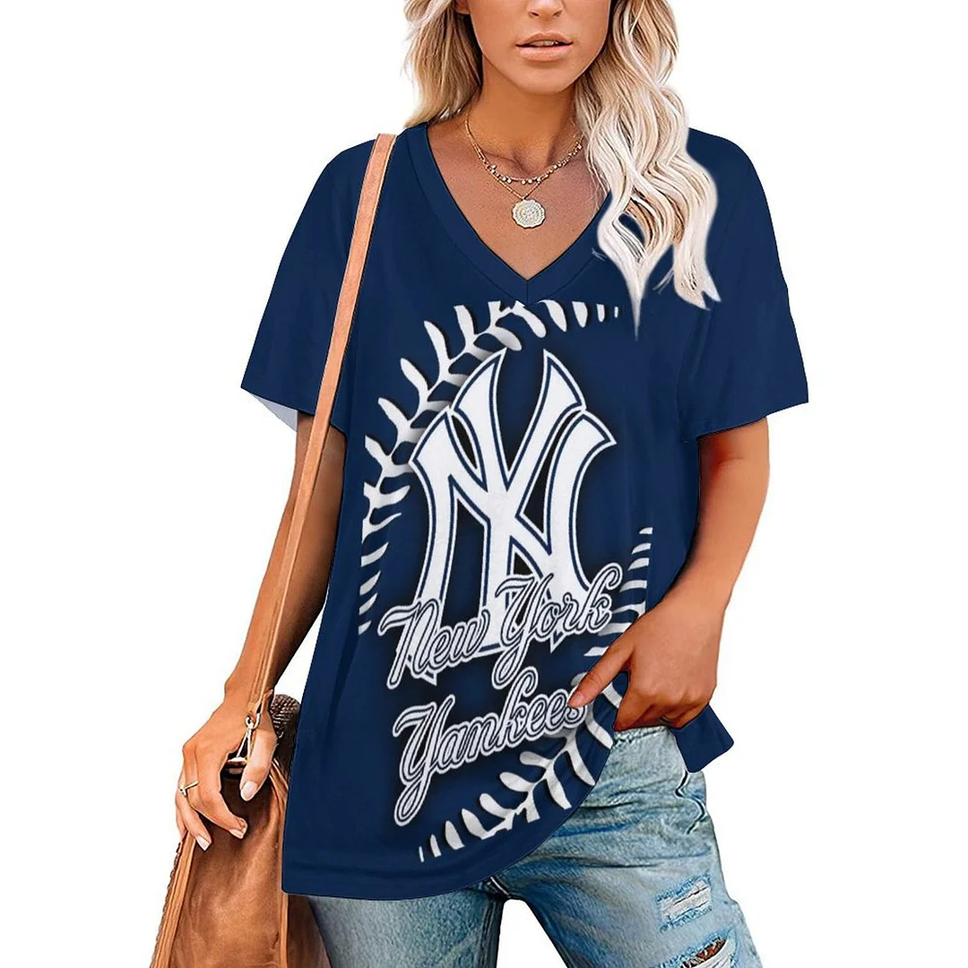 V-neck Short Sleeve Casual T-shirt for  Women Printed with Pattern ,Blue