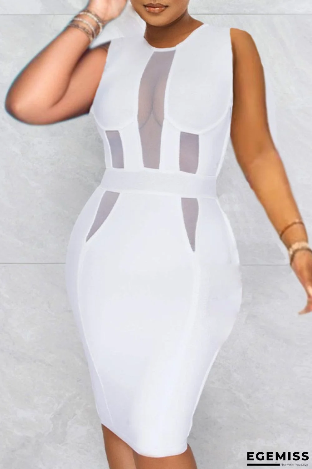 White Elegant Solid Patchwork See-through O Neck Dresses | EGEMISS