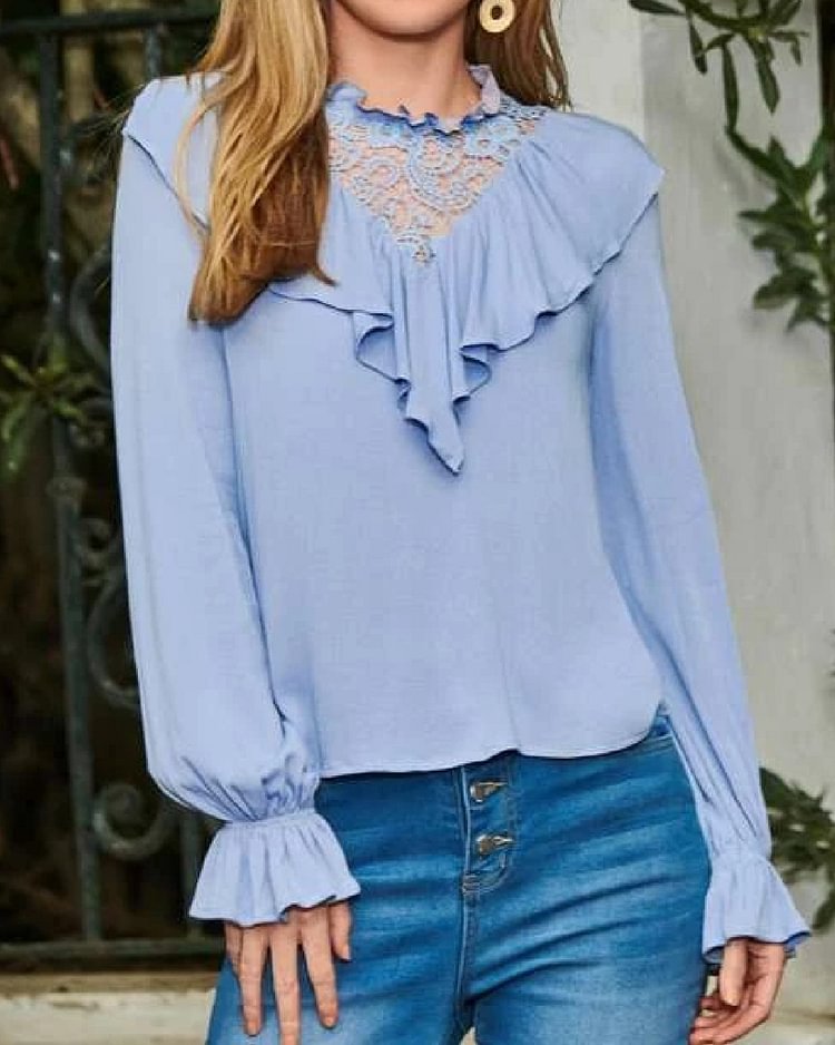 Jacquard Lace Shoulder Ruffle Back Keyhole Shirt
