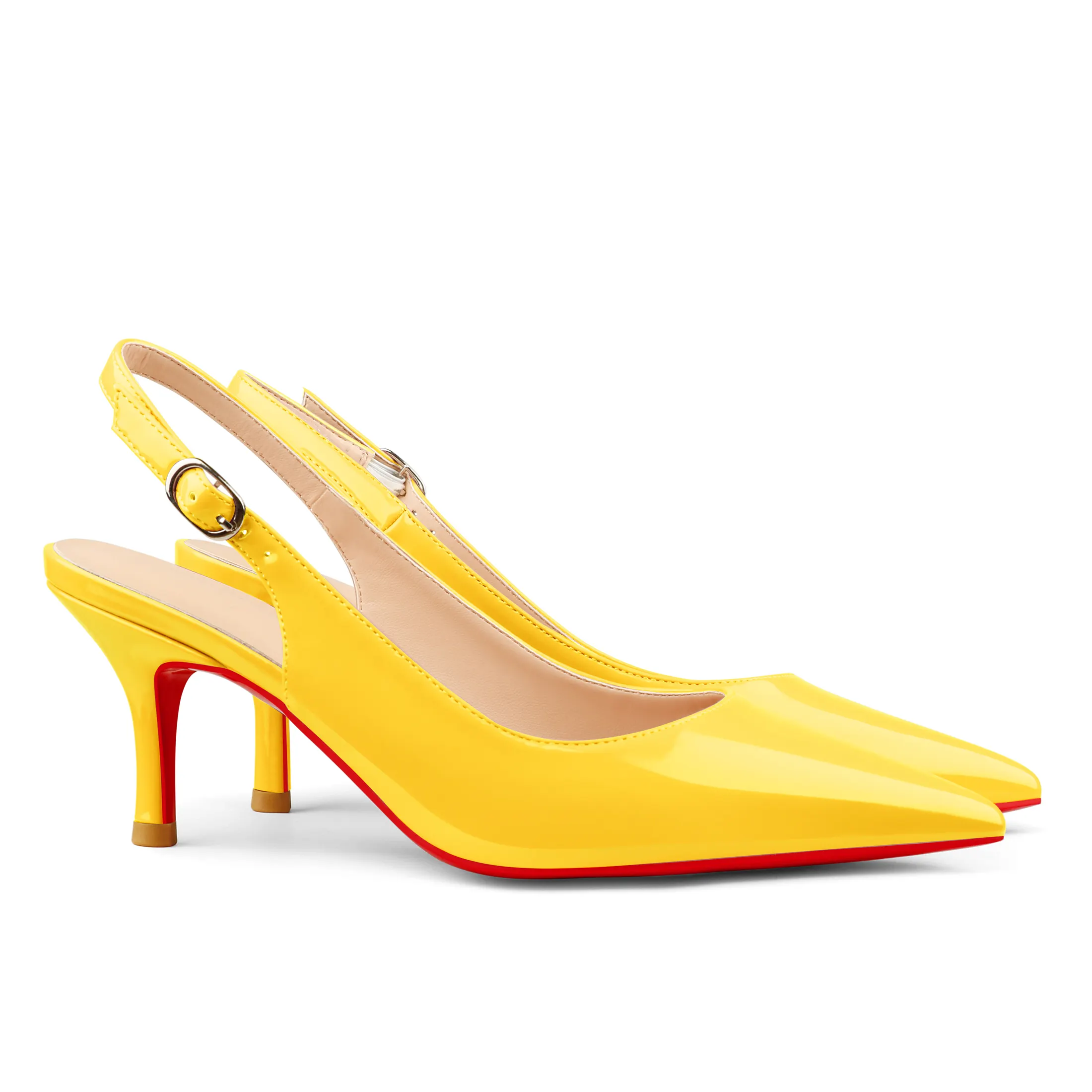 60mm Women's Pointed Toe Slingback Shoes Kitten Heel Red Bottom Pumps Comfortable Dress Patent-vocosishoes