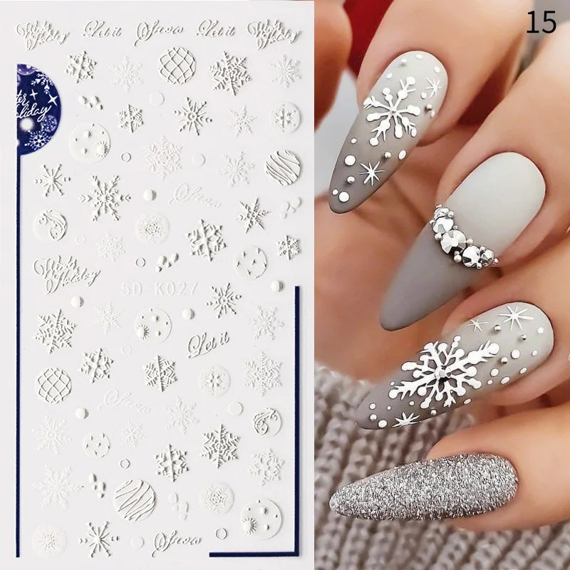 5D White Snowflakes Embossed Sticker Christmas New Year Nail Art Design Winter Charms Flower Manicure Slider Decals K001-K027