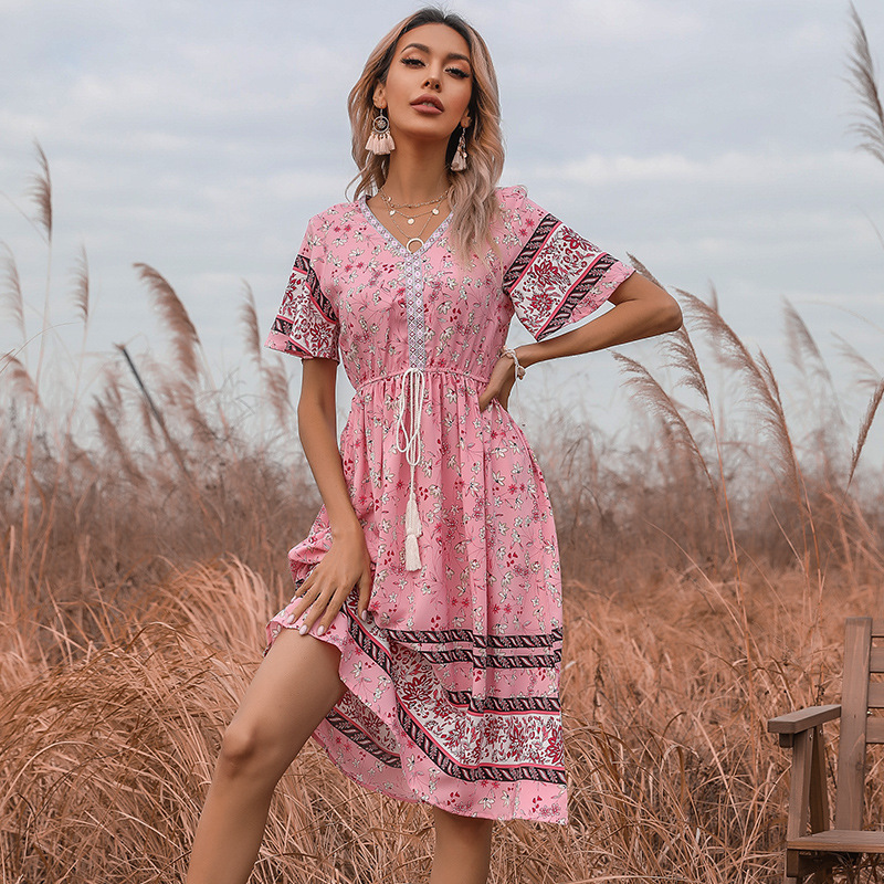 Mature Women's Pink V-neck Printed Casual Summer Dress