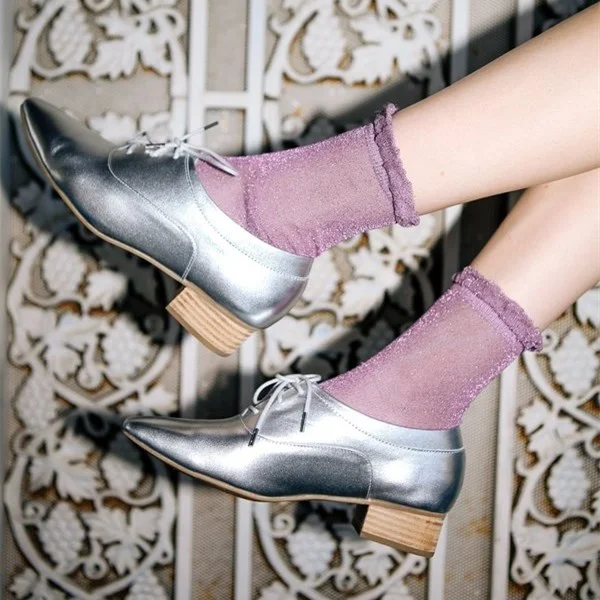 Silver Lace-up Women's Oxfords Almond Toe Oxfords Flats |FSJ Shoes