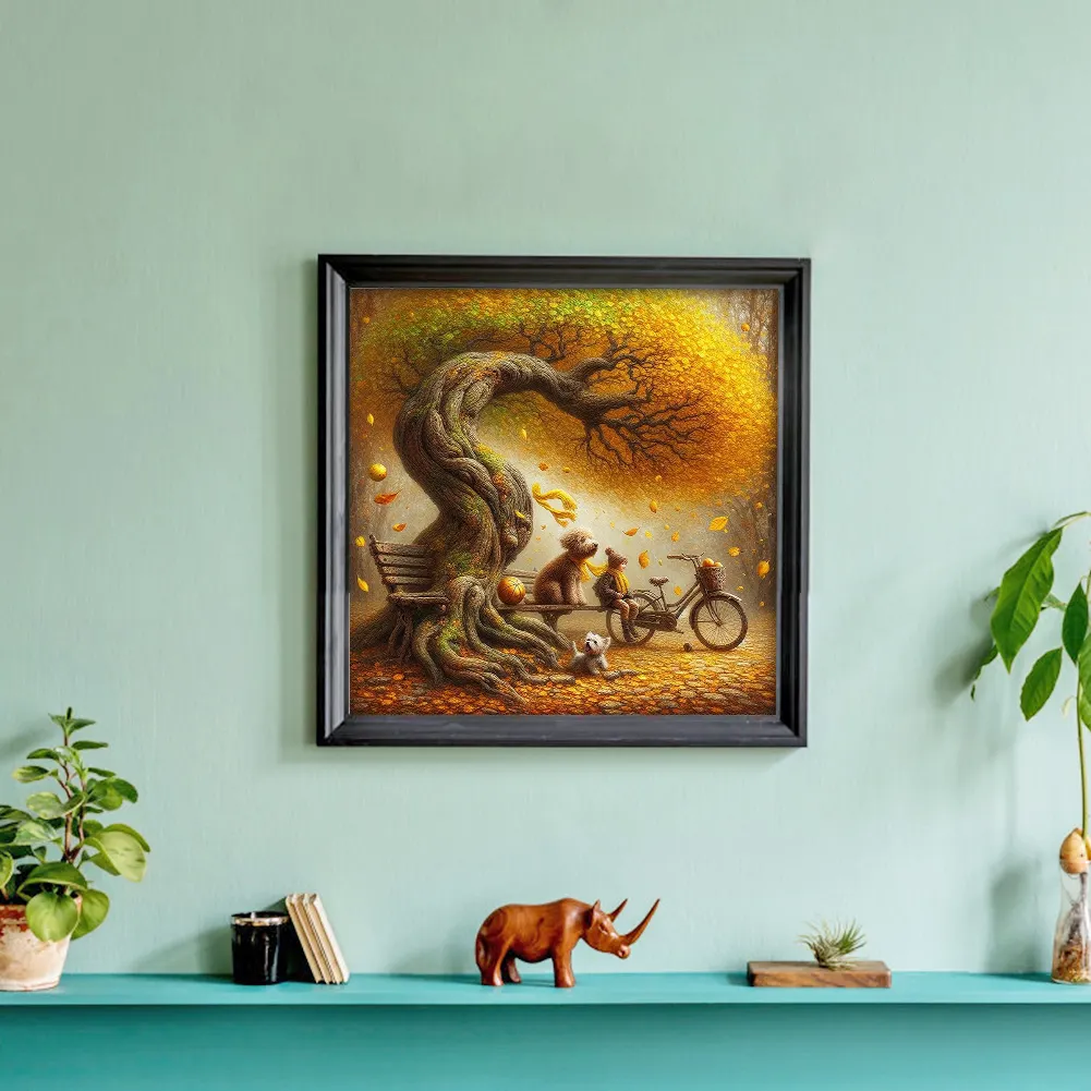 Full Round Diamond Painting 40*40cm - Dog And Family Under The Big Tree In Autumn