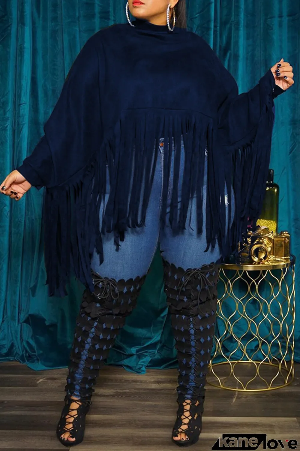 Deep Blue Fashion Casual Solid Tassel Split Joint Turtleneck Plus Size Tops