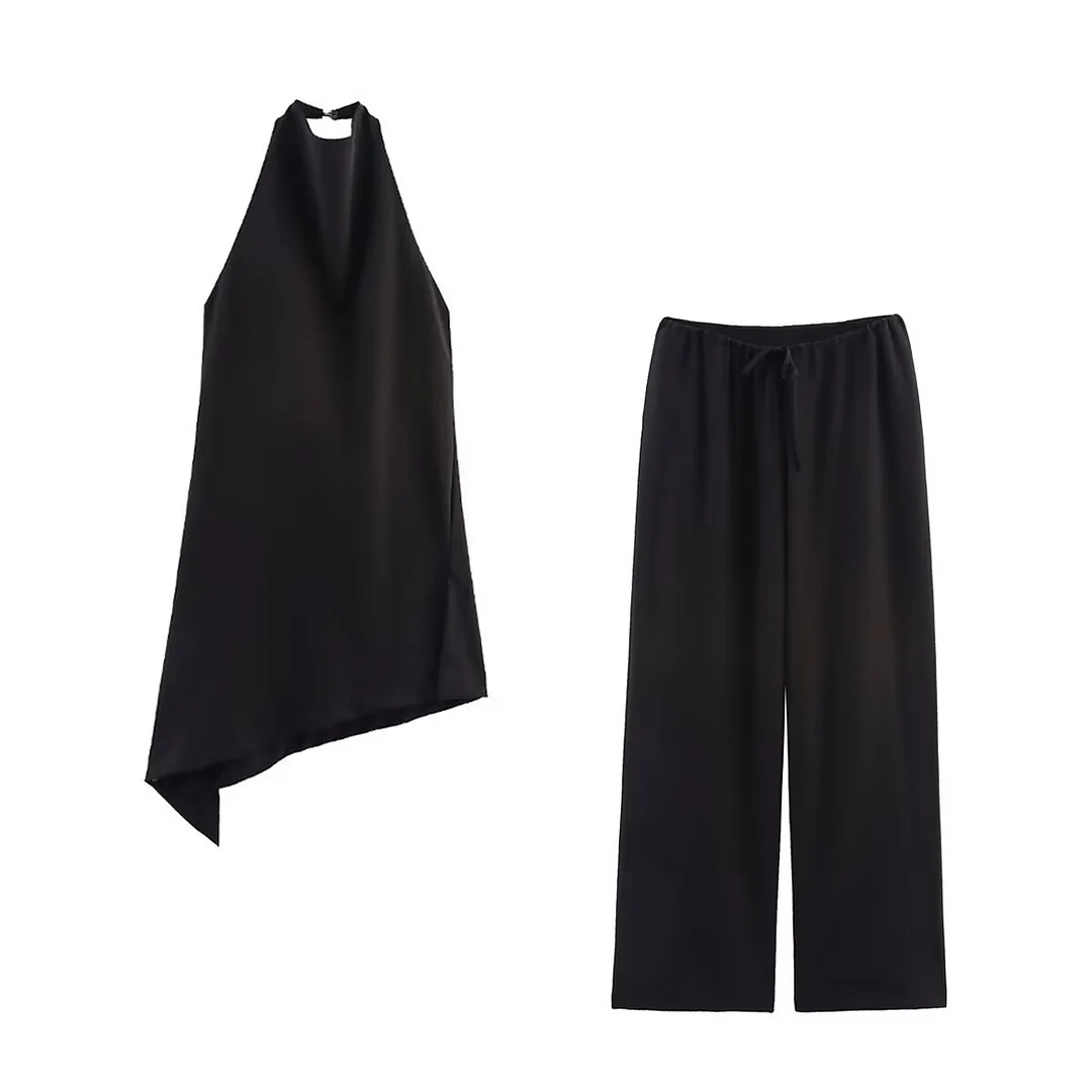 Nigikala Nigikala Women's Clothing Neck Tie Minimalist Top + Mid-Rise Loose Trousers B88651