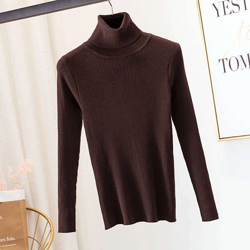2020 Autumn Winter Thick Sweater Women Knitted Ribbed Pullover Sweater Long Sleeve Turtleneck Slim Jumper Soft Warm Pull Femme