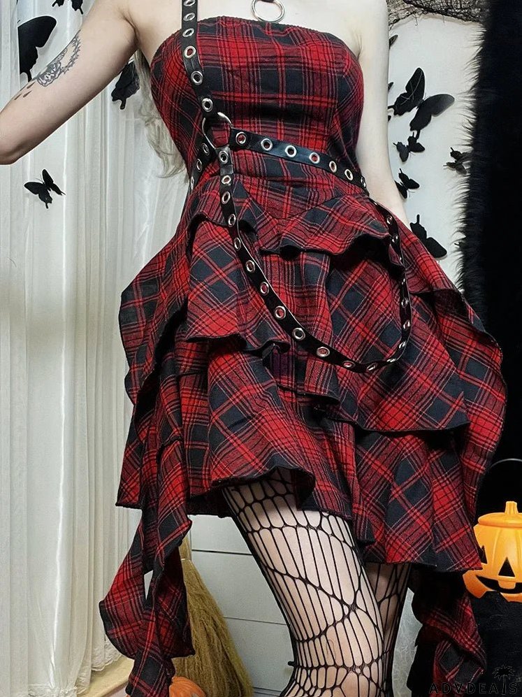 Red Plaid One Shoulder Irregular Strapless Backless Sexy Vintage Lolita Academy Dress