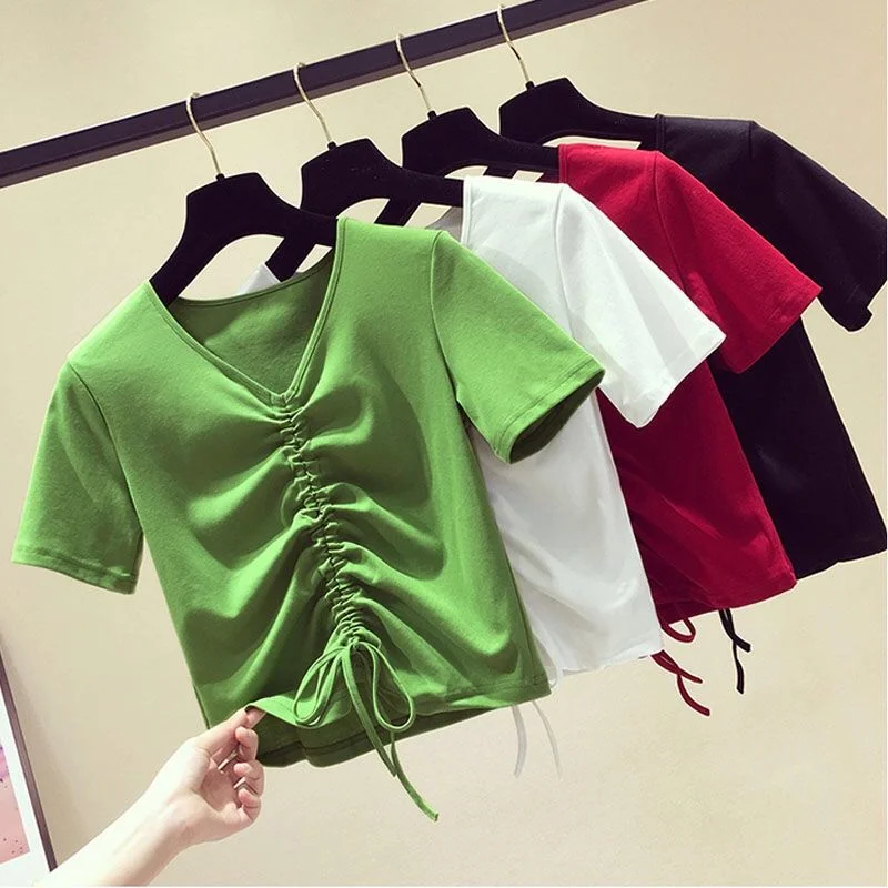 Korean Clothes Oversize White V Neck T Shirts For Women Summer Top Bandage Slim Ladies Short sleeve Casual