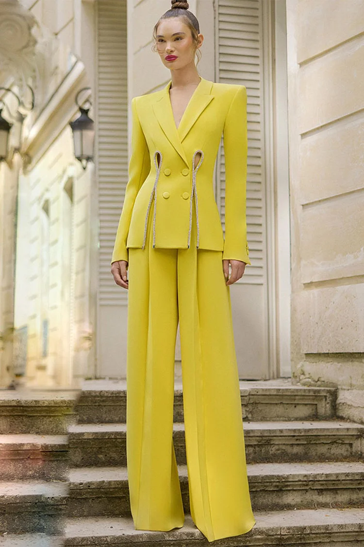 Rhinestone Trim Hollow Out Double Breasted Two Piece Pant Suit-Yellow