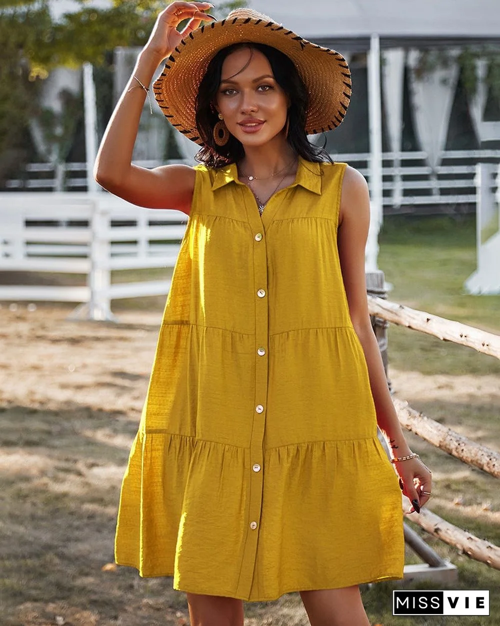 Spring Summer New Sleeveless Dress Shirt Collar Solid Skirt