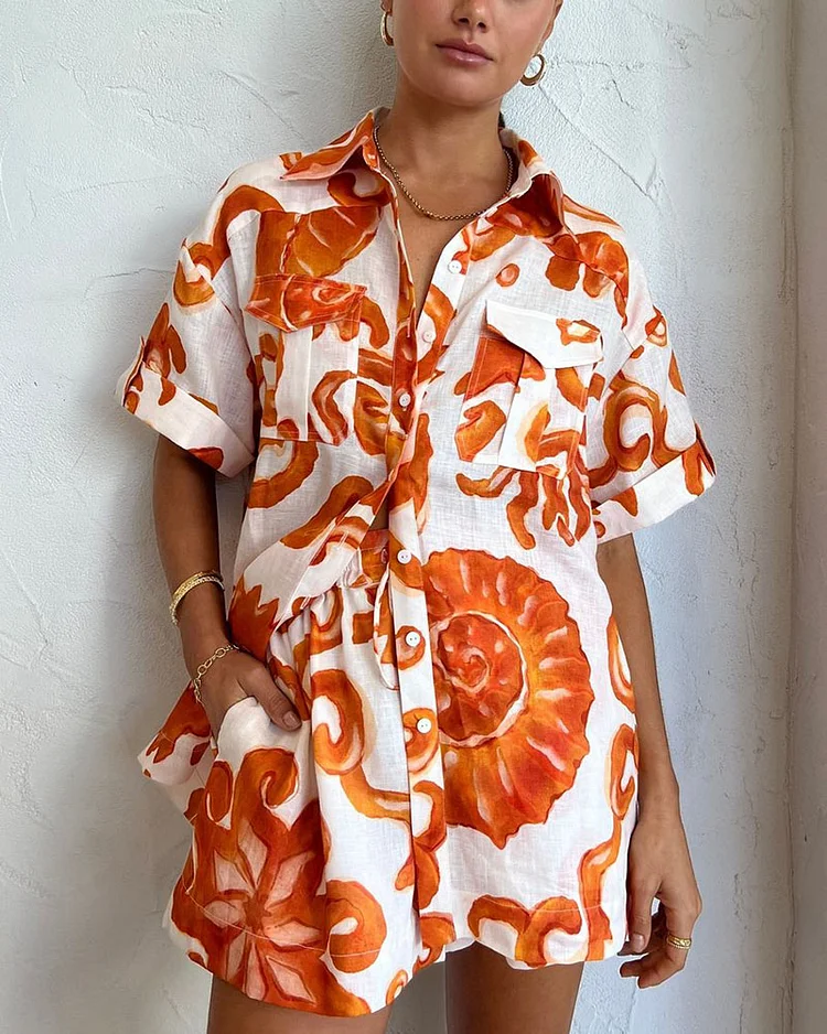 Orange Art Graffiti Print Casual Two-piece Set