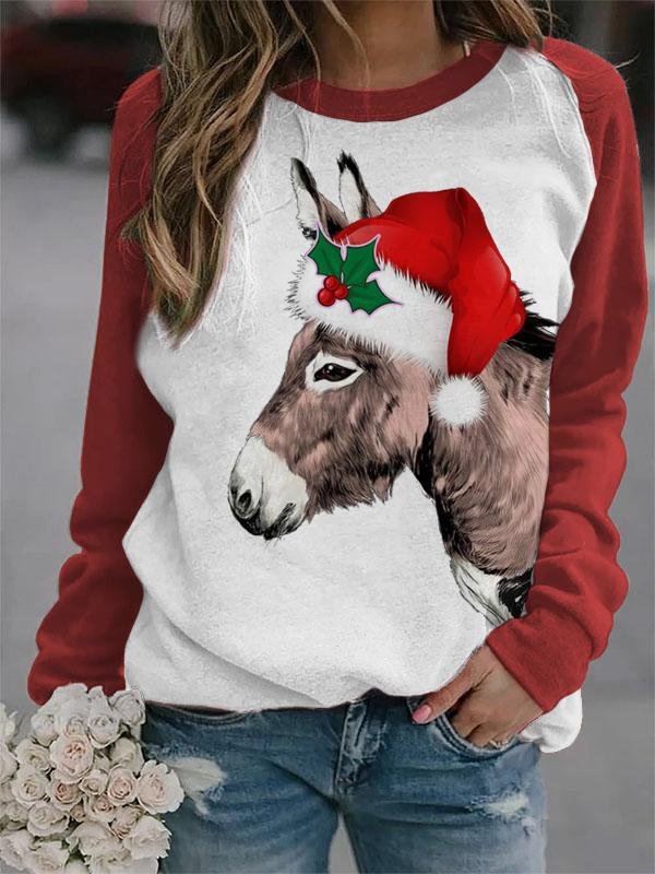 Lady Donkey Christmas Hat Printed Sweater-luchamp:luchamp