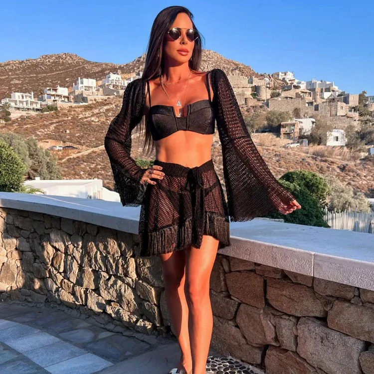 Tassel Long Sleeve Bikini Swimsuit and Skirt