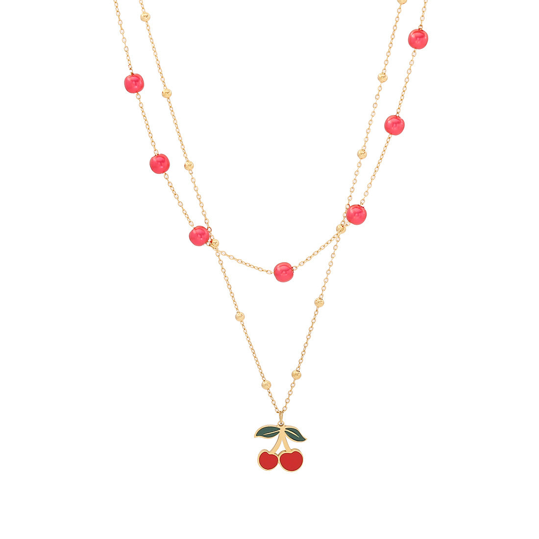 Cute Cherry Pendant Necklace Fashion Stainless Steel Double Chain N1468