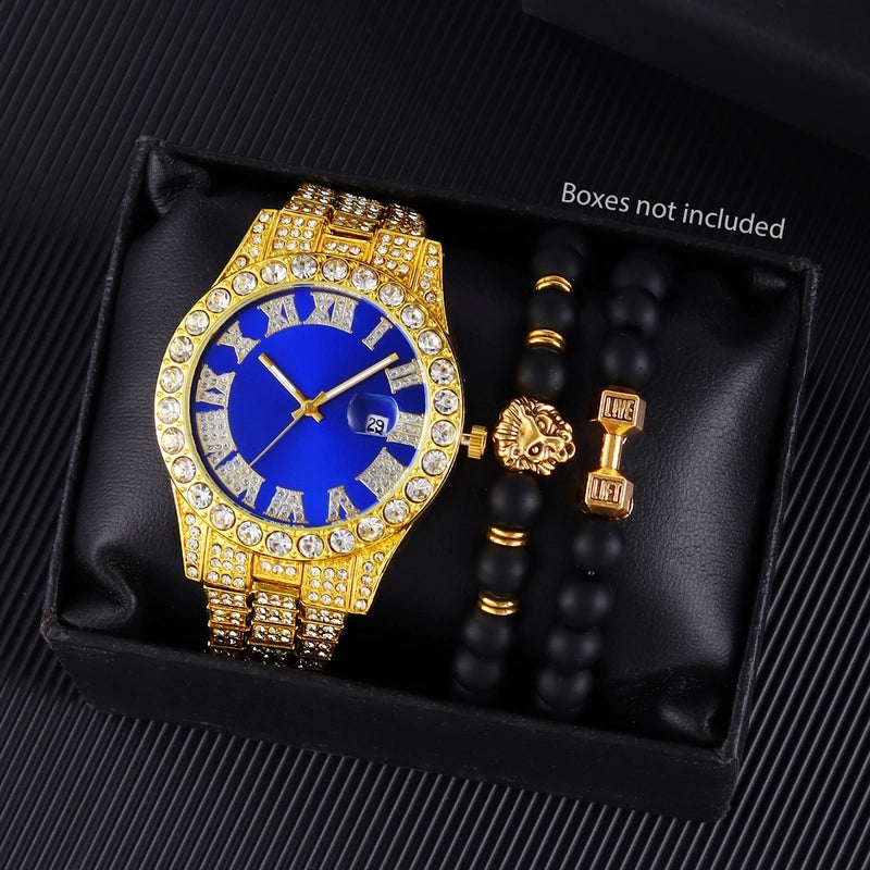 Light Luxury Men’s Business Rhinestone Calendar Watch, Colored Noodles And Bracelet Lion’s Head 3 Pieces