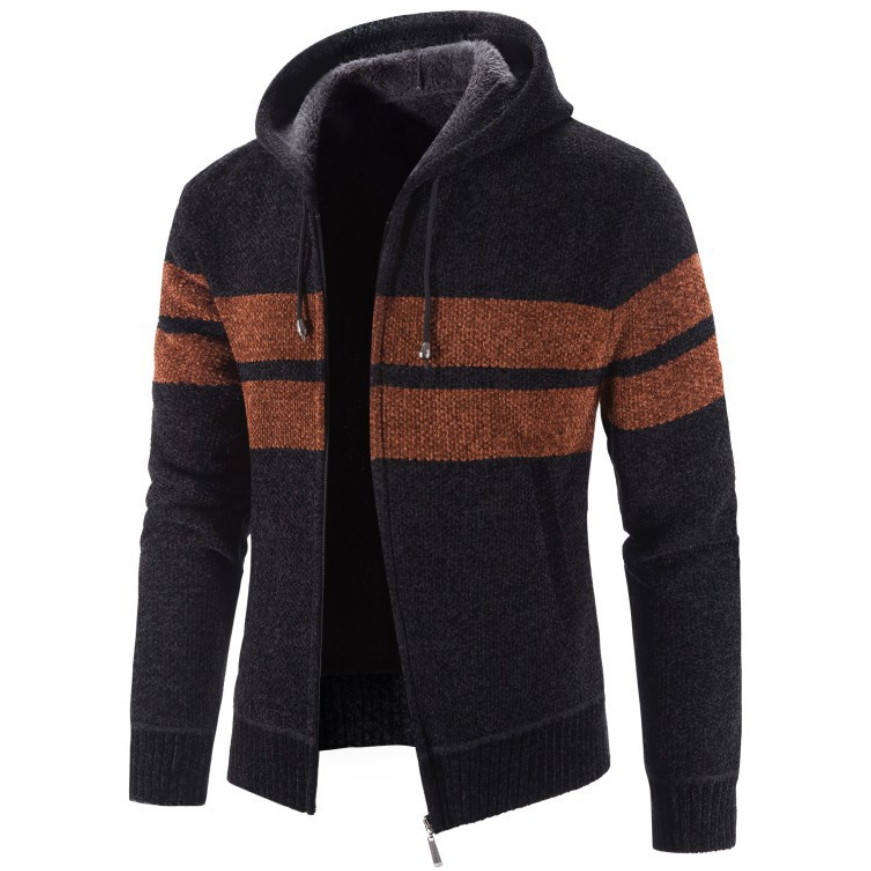 Striped Colorblock Casual Plus Fleece Hooded Cardigan-Compassnice®