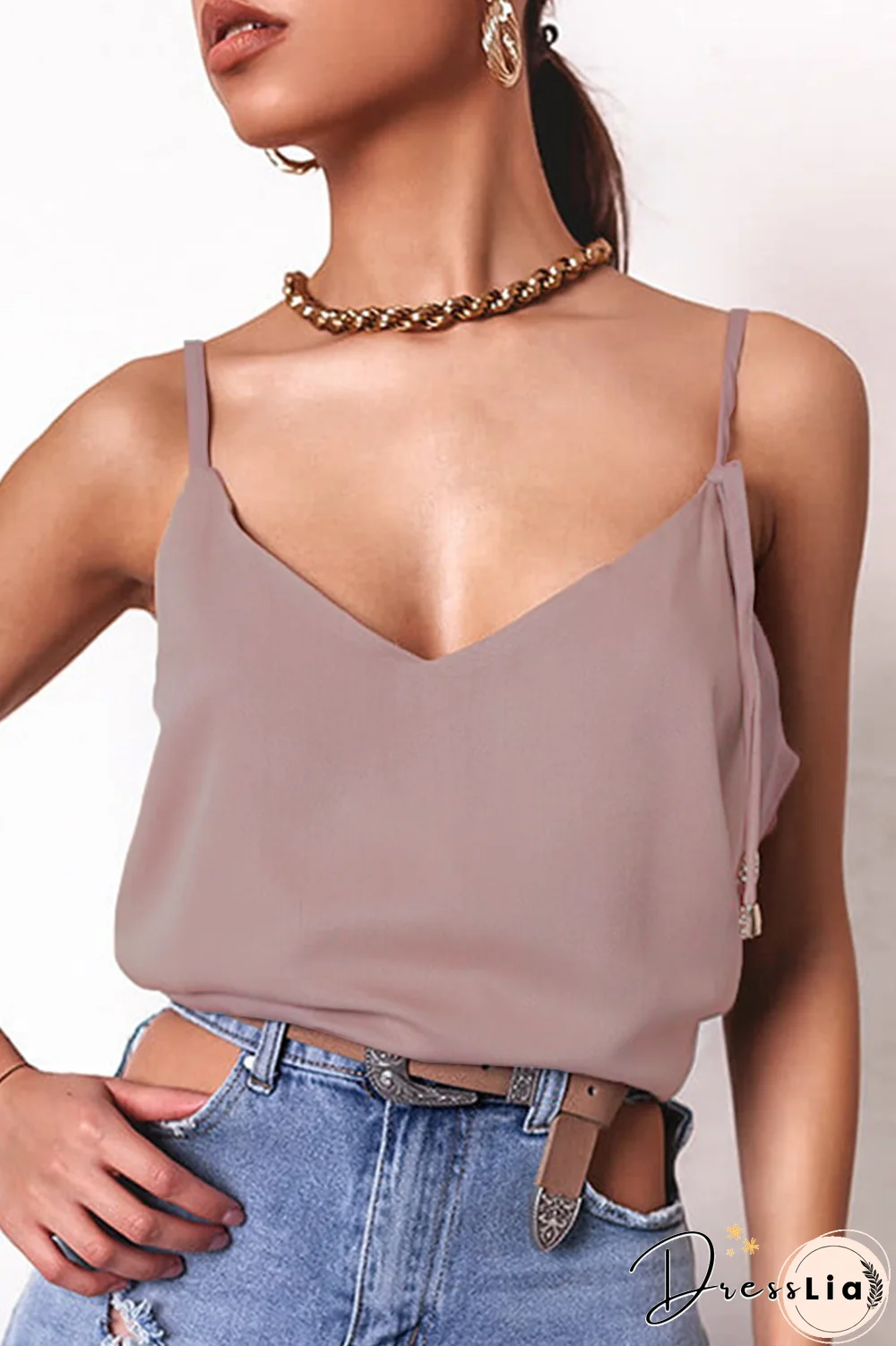 Fashion Casual Solid Split Joint V Neck Tops