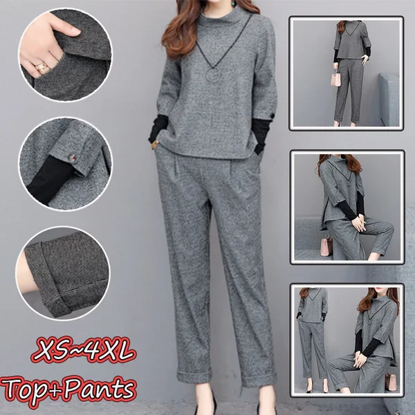 Autumn Grey Elegant Two Piece Sets Outfits Women Plus Size Fake Two Pieces Tops And Pants Suits Office Korean Ladies Sets
