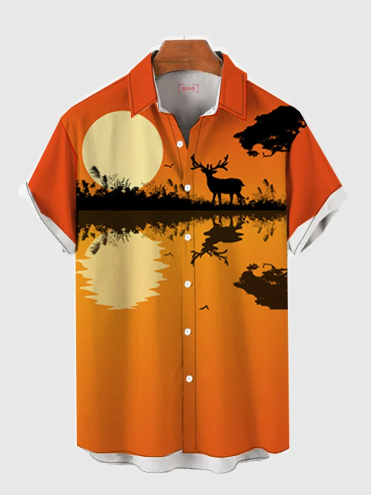 Full-Print Forest, Sunset And Deer Printing Men's Short Sleeve Shirt