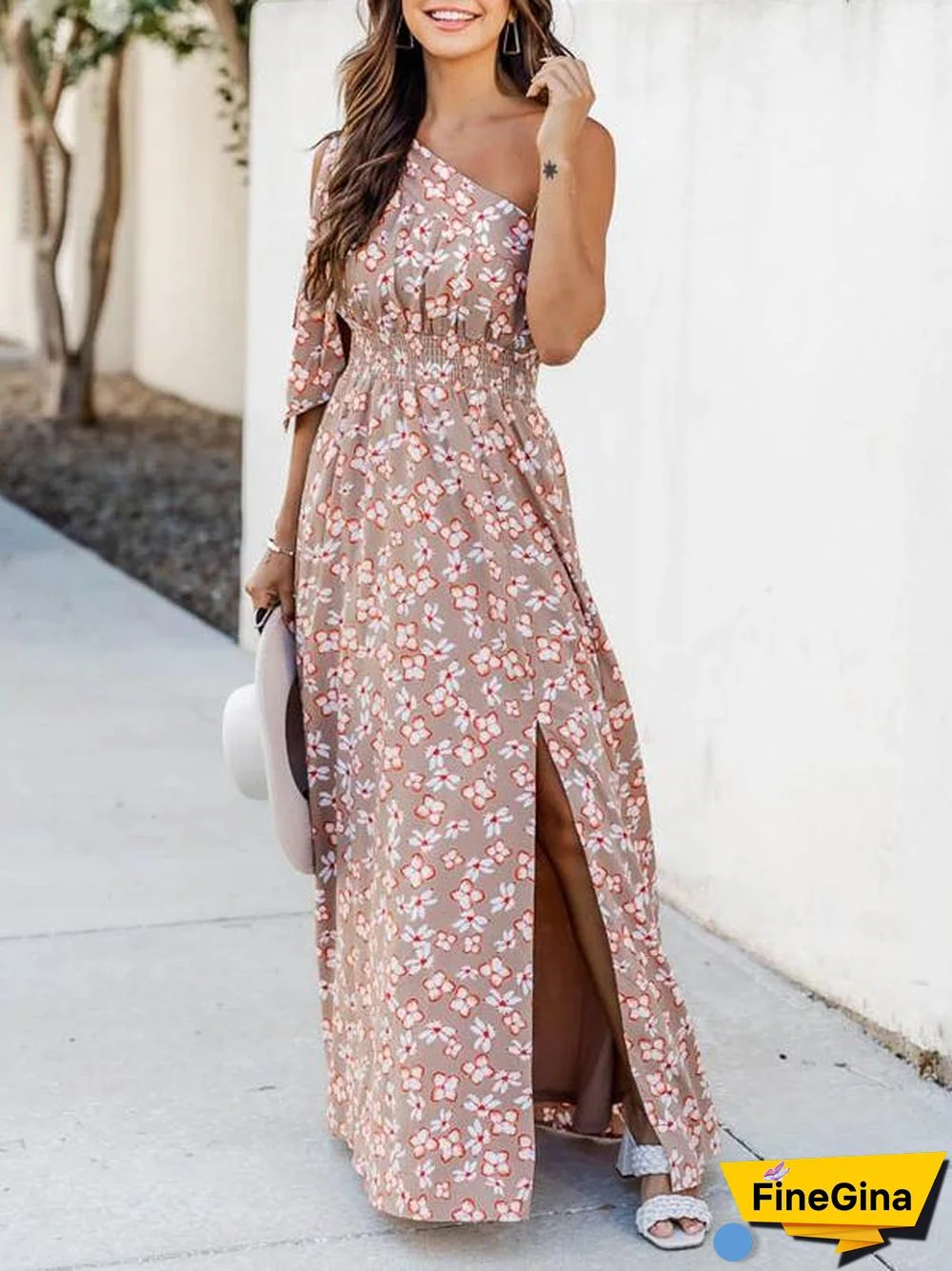 Flower Print One Shoulder Elegant Split Dress