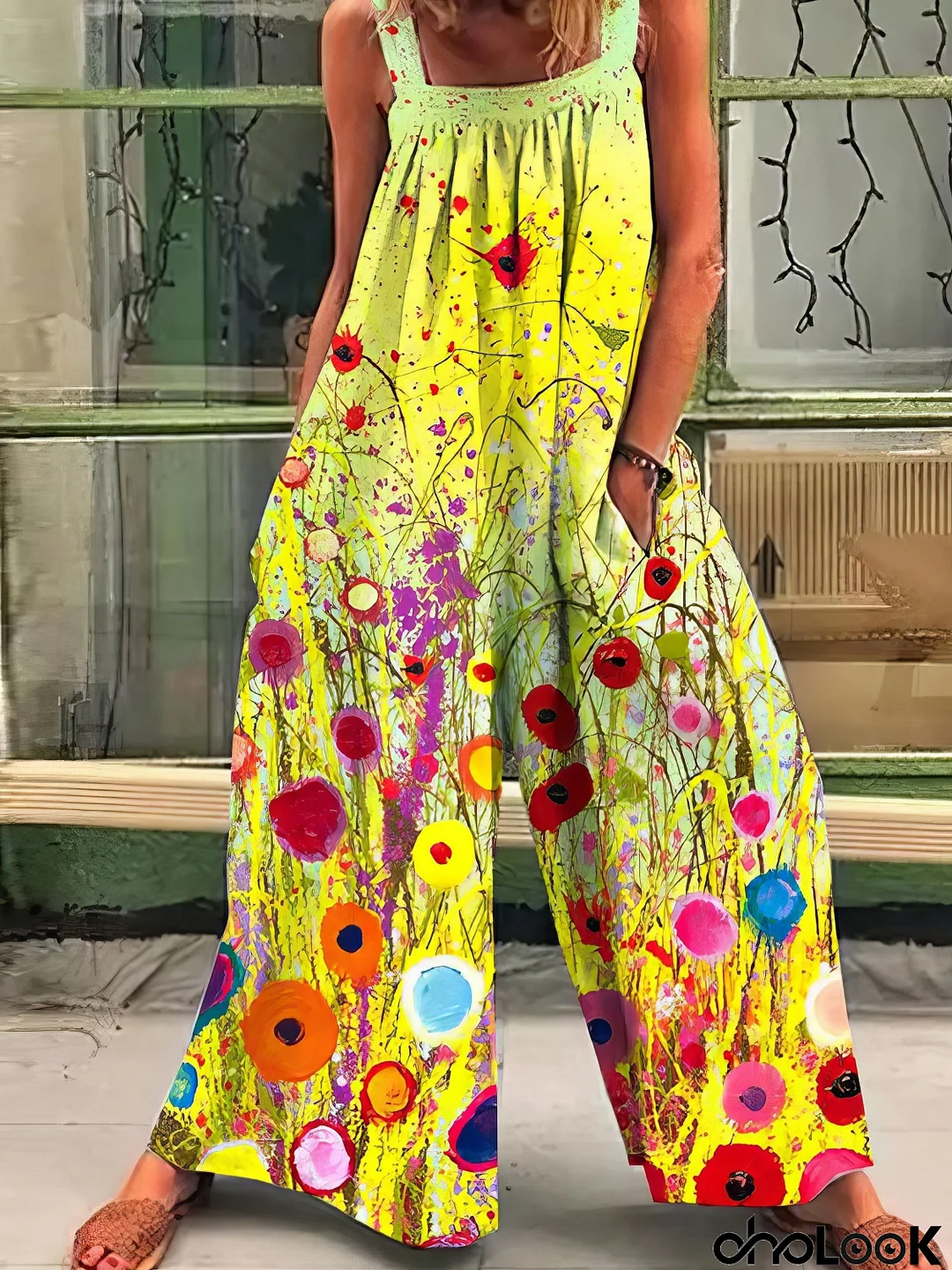 Fashion Printed Loose Strap Wide-Leg Jumpsuits
