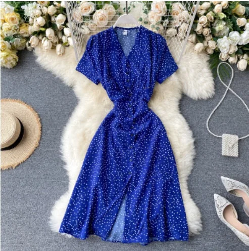 Vintage Polka dot print Chiffon Dress Women 2020 Summer V-neck Single-breasted Short sleeve Dresses Casual Vestidos Mujer
