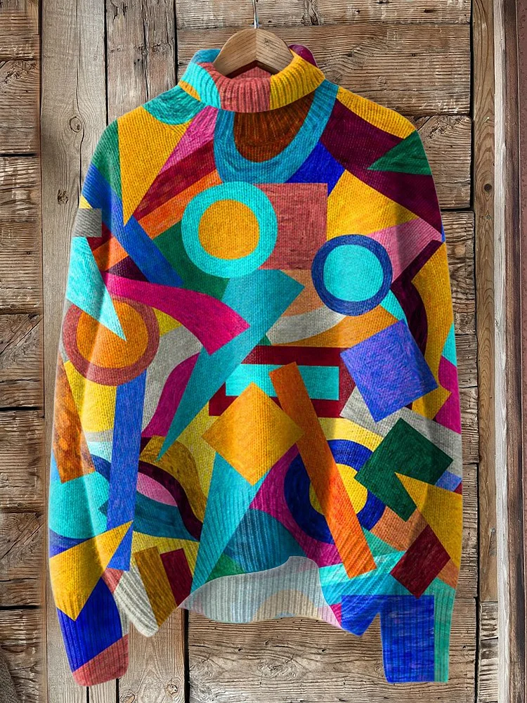 Retro Geometric Pattern Art Print Knit Turtleneck Pullover Sweater