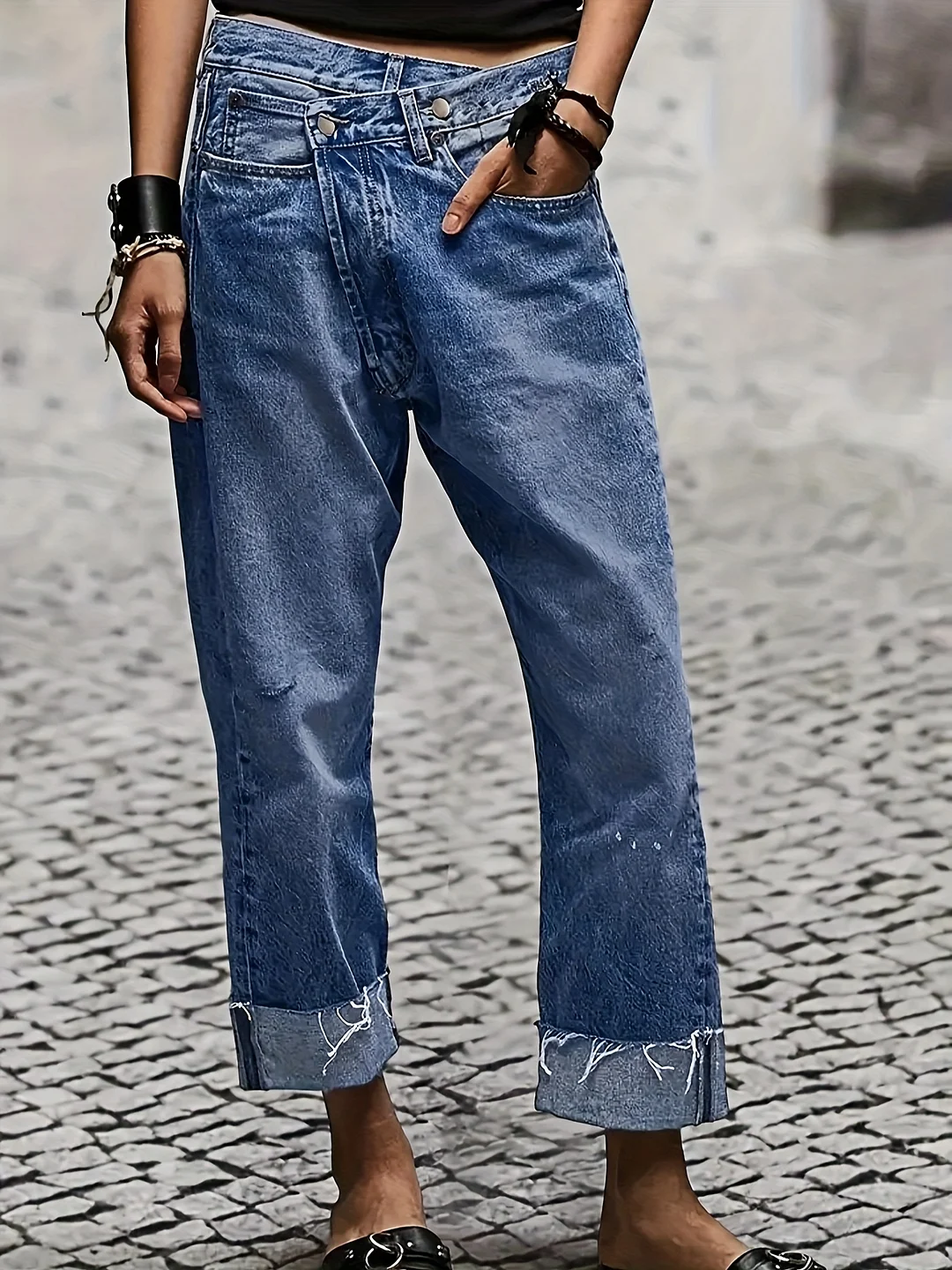 Women's Heavy-Duty Stretch Denim Jeans - Retro Classic Blue Snowflake Washed Wide-Leg Relaxed Fit With Slanted Front & Mid-Rise Waist, Built-In Zipper, Frayed Hem Details - All-Season Casual Streetwear, Versatile Wardrobe Staple, Quality Stitching | IFYHOME