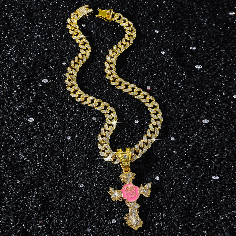 New Personalized Hip Hop Style Rose Cross Pendant Hip Hop Creative Personalized Cross Necklace