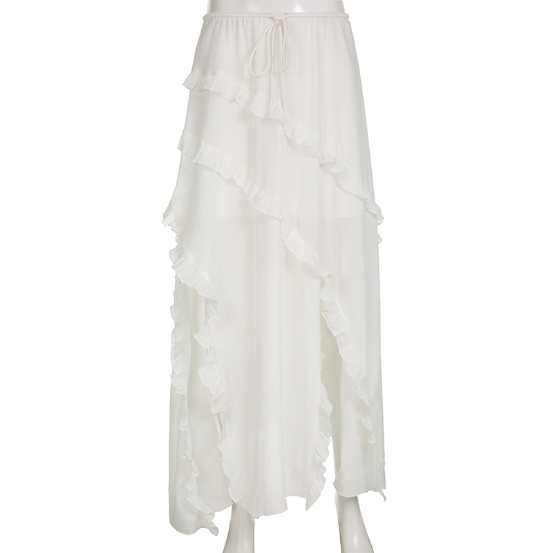 Ootddress White Ruffled Patchwork Long Skirt See-Through For Women Split Summer Beach Holiday Maxi Skirt Women's Fashion Y2k Skirt