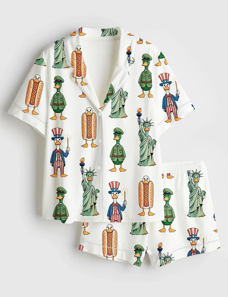 Women&rsquo;s Patriotic Goose 4th Of July Silly Goose USA Goose Independence Day Patriotic Print Short Sleeve Satin Pajama Set