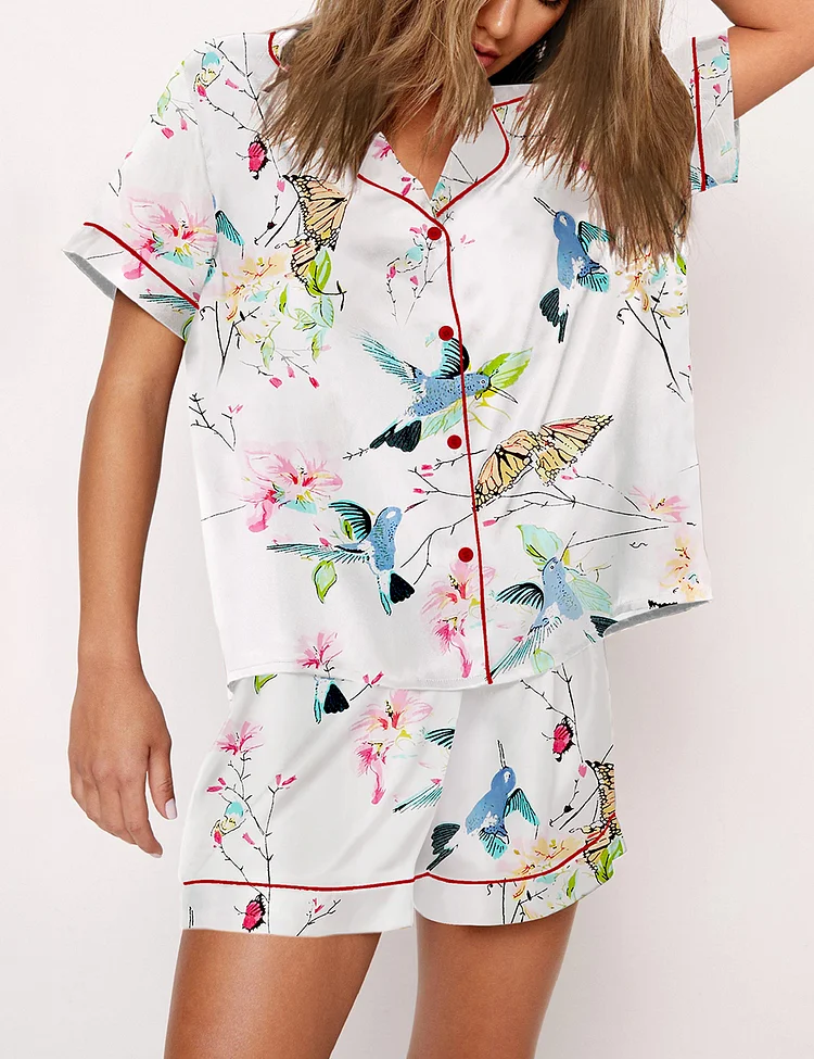 Women&rsquo;s Bird And Butterfly Short Sleeve Satin Pajama Set