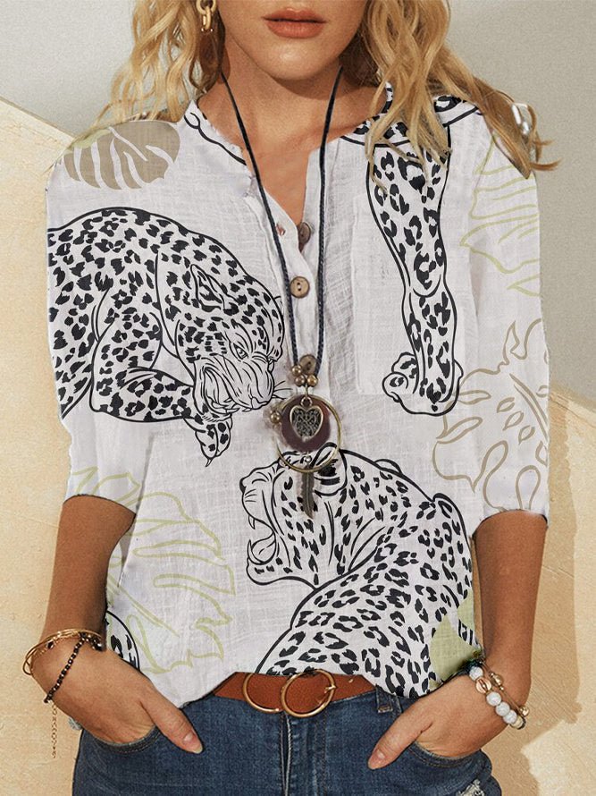 Ladies Casual V-Neck 3/4 Sleeve Sleeve Printed T-Shirt