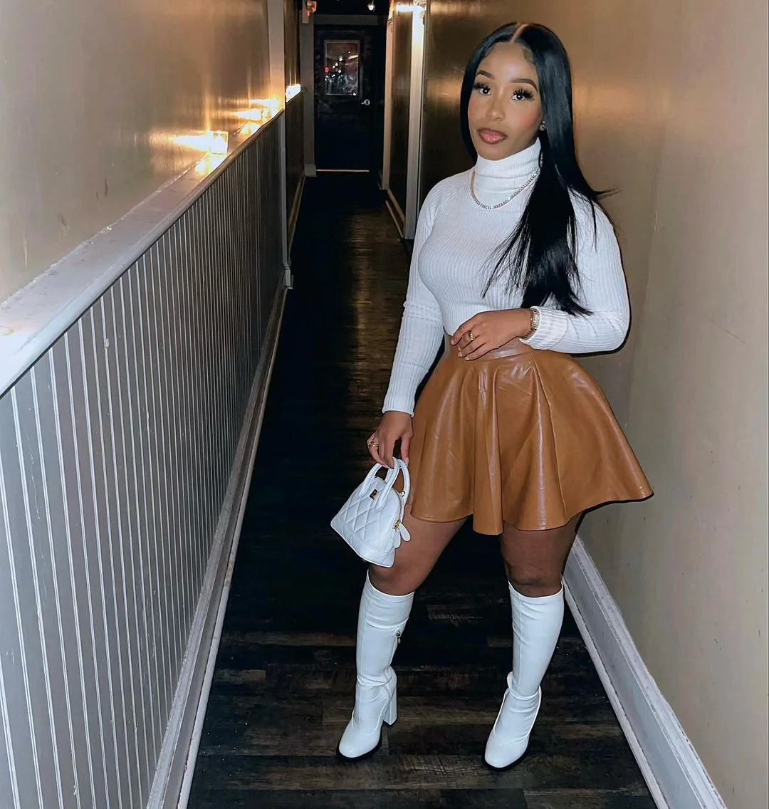 Uveng Sexy Nightclub Party Solid Color Leather Swing Mini Skirt